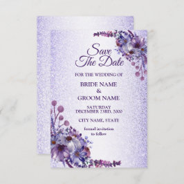 Elegant Purple Blue Pink Floral Glitter Wedding Save The Date