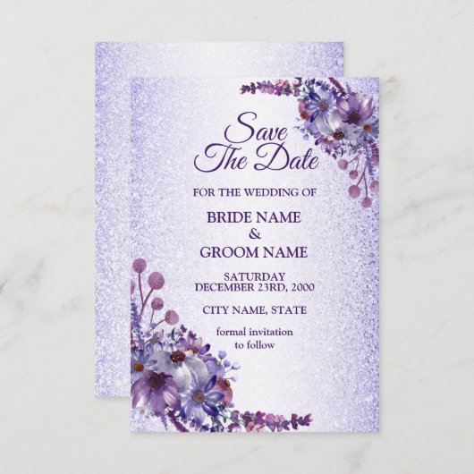 Elegant Purple Blue Pink Floral Glitter Wedding Save The Date (Vorne/Hinten)