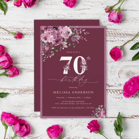 Elegant Purple Blumen 70. Geburtstag Einladung