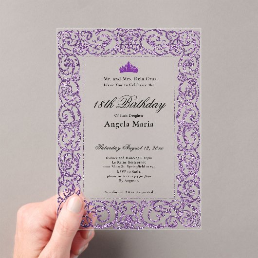 Elegant Purple Border 18th Birthday Debut Acryleinladungen (Insitu (Handheld))