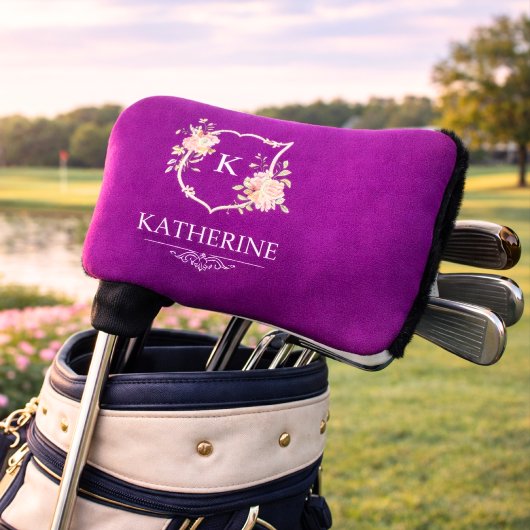 Elegant Purple Botanical Crest Feminine Monogram Golf Headcover
