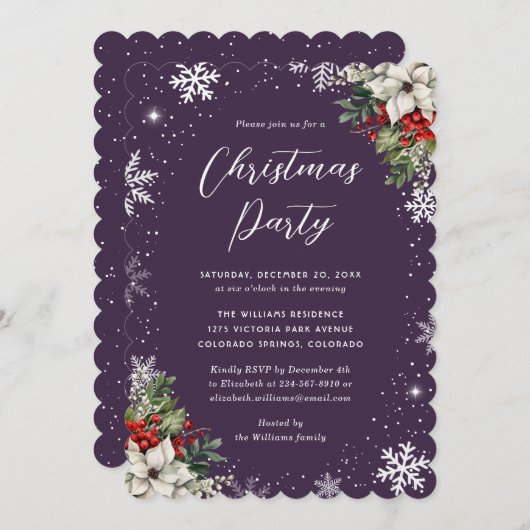 Elegant Purple Botanical Snowflake Christmas Party Einladung (Vorne/Hinten)