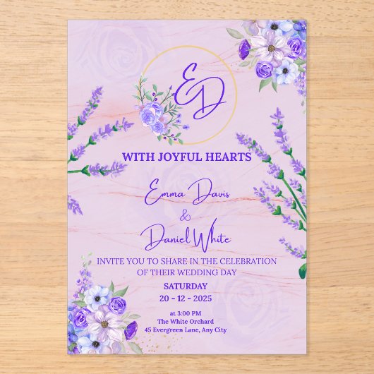 Elegant Purple Botanical Wedding Invitation Acryleinladungen (Vorderseite)