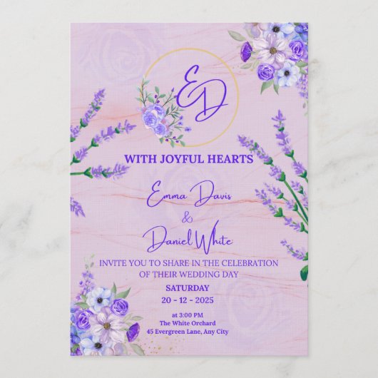 Elegant Purple Botanical Wedding Invitation Einladung (Vorderseite)