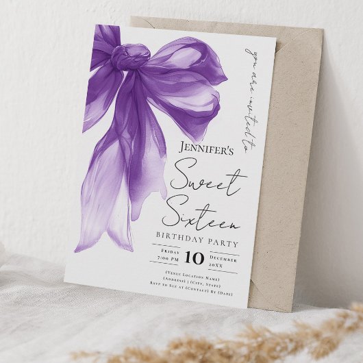 Elegant Purple Bow Coquette Script Sweet 16 Party  Einladung