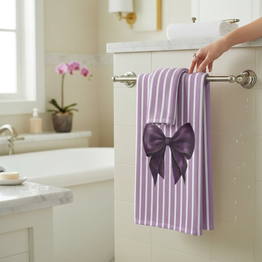 Elegant Purple Bow Striped Bathroom Set