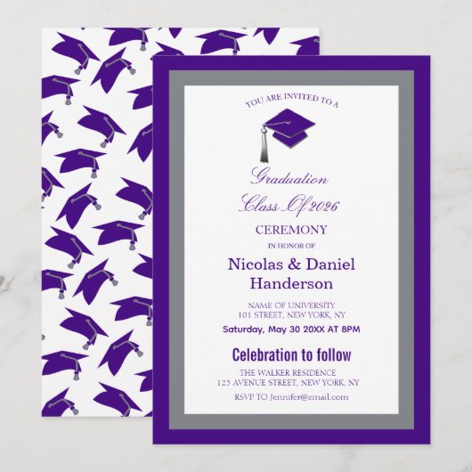Elegant purple caps graduation ceremony invitation einladung (Vorne/Hinten)