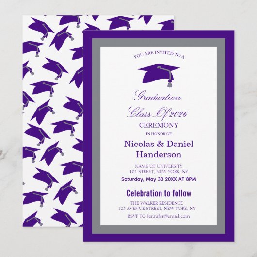 Elegant purple caps graduation ceremony invitation einladung (Vorne/Hinten)