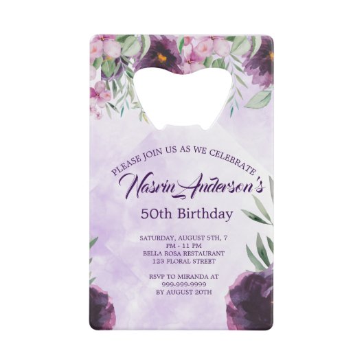 Elegant Purple Floral Birthday Invitation Geldbeutel Flaschenöffner (Vorderseite)