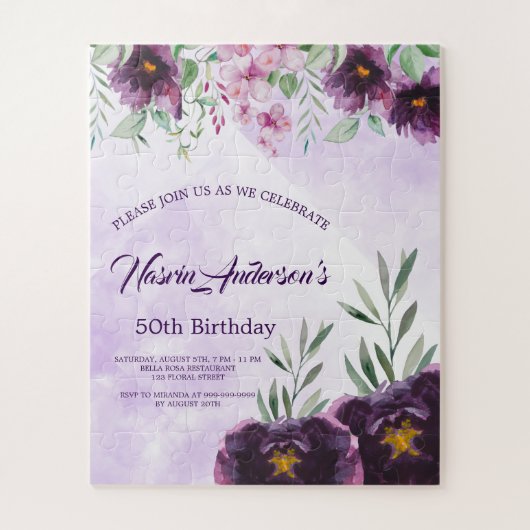 Elegant Purple Floral Birthday Invitation Puzzle (Vertikal)