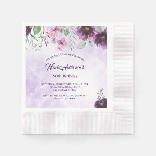Elegant Purple Floral Birthday Invitation Serviette (Vorderseite)