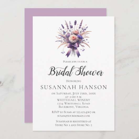 Elegant Purple Floral Bouquet Bridal Shower | Einladung (Vorne/Hinten)