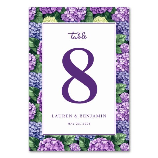 Elegant Purple Floral Hydrangea Tischnummer (Vorderseite)