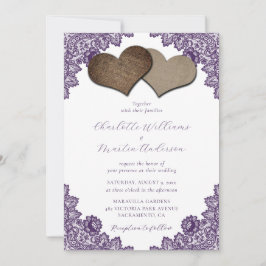Elegant Purple Floral Lace Burlap Hearts Wedding Einladung