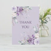 Elegant Purple Floral Wedding  Dankeskarte (Stehend Vorderseite)
