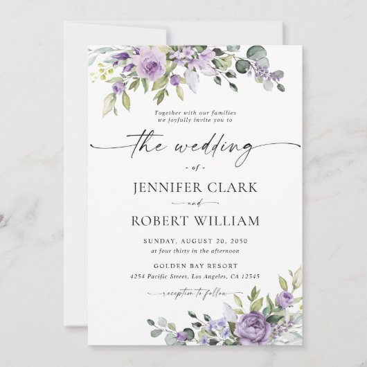 Elegant Purple Floral Wedding Invitation Einladung (Vorderseite)