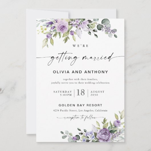 Elegant Purple Floral Wedding Invitation Einladung (Vorderseite)
