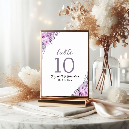 Elegant Purple Floral Wedding Party Tischnummer