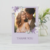 Elegant Purple Floral Wedding Photo Dankeskarte (Stehend Vorderseite)