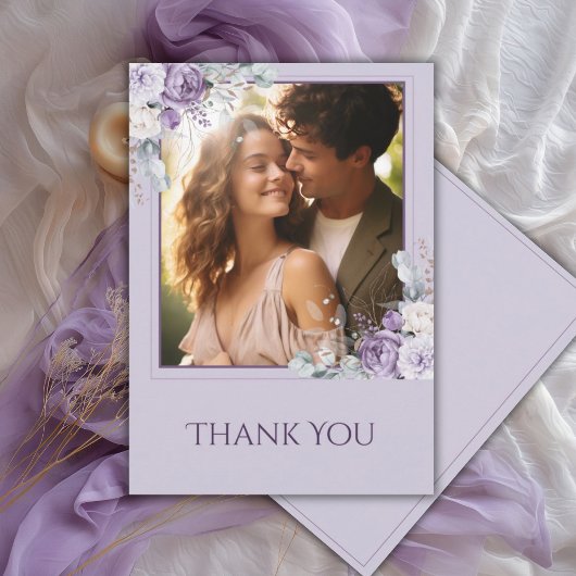 Elegant Purple Floral Wedding Photo Dankeskarte