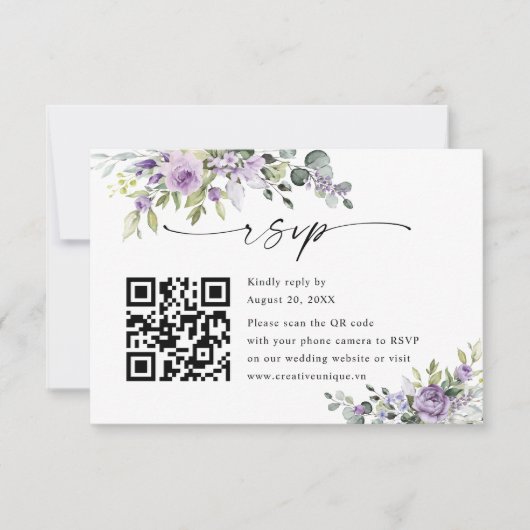 Elegant Purple Floral Wedding Website QR Code RSVP Karte (Vorderseite)