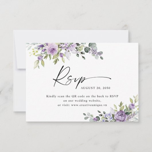 Elegant Purple Floral Wedding Website QR Code  RSVP Karte (Vorderseite)