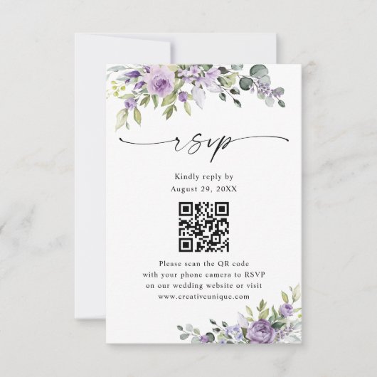 Elegant Purple Floral Wedding Website QR Code RSVP Karte (Vorderseite)