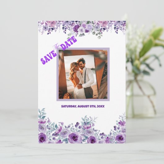 Elegant purple flower save the date (Stehend Vorderseite)