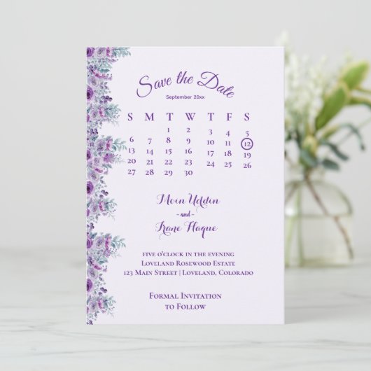 Elegant purple flower save the date (Stehend Vorderseite)