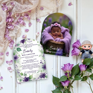 Elegant Purple Garland Floral Photo Baptism Baby Einladung