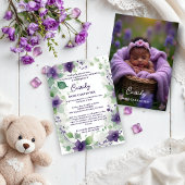 Elegant Purple Garland Floral Photo Baptism Baby Einladung