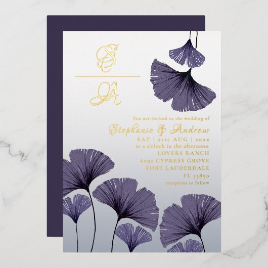 Elegant Purple Ginkgo Foliage Wedding Invitation Folieneinladung (Vorderseite/Rückseite)