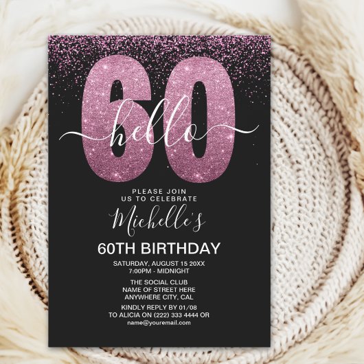 Elegant Purple Glitter "Hello 60" Birthday Einladung