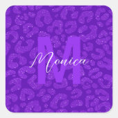 Elegant Purple Glitter Monogram Script Name Quadratischer Aufkleber (Vorderseite)