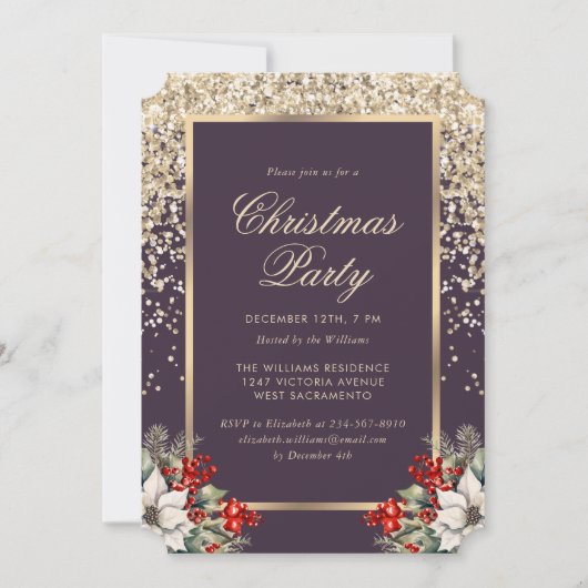 Elegant Purple Gold Botanical Christmas Party Einladung (Vorderseite)