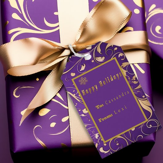 Elegant Purple & Gold Damask 'Happy Holidays'  Geschenkanhänger