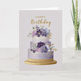Elegant Purple & Gold Floral Birthday Cake Karte