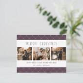 Elegant Purple Gold Photo Newlywed Feiertagspostkarte (Stehend Vorderseite)