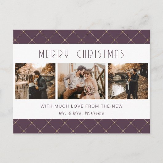 Elegant Purple Gold Photo Newlywed Feiertagspostkarte (Vorderseite)