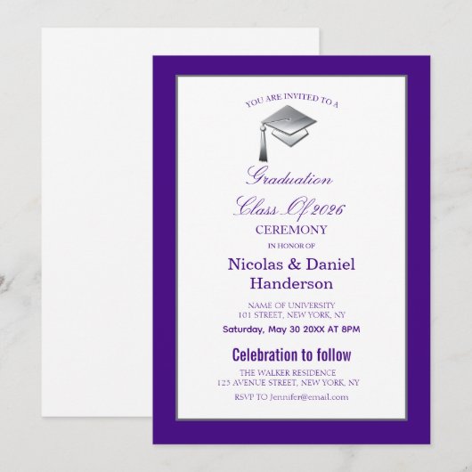 Elegant purple graduation ceremony invitation einladung (Vorne/Hinten)