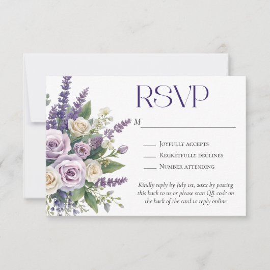 Elegant Purple Lavender Roses Wedding QR Code RSVP Karte (Vorderseite)