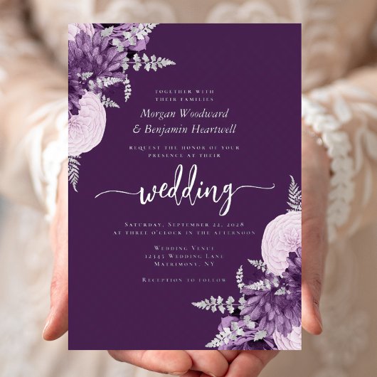 Elegant Purple Lilac Silver Floral Wedding Folieneinladung