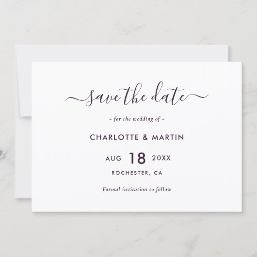 Elegant Purple Modern Script Wedding Save The Date (Vorderseite)