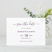Elegant Purple Modern Script Wedding Save The Date (Stehend Vorderseite)