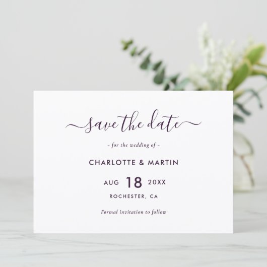Elegant Purple Modern Script Wedding Save The Date (Stehend Vorderseite)