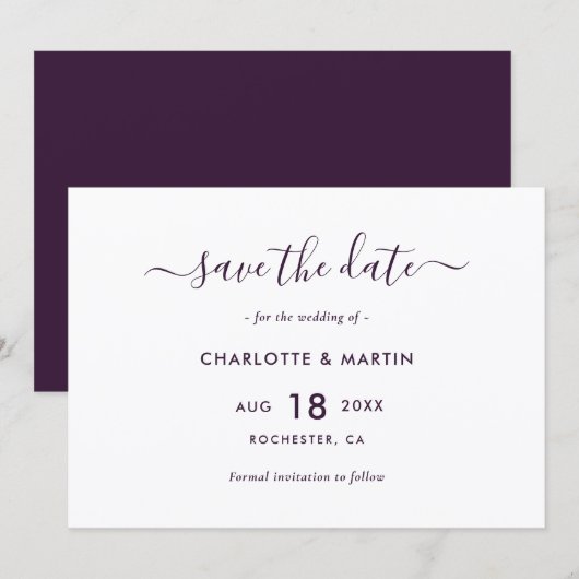 Elegant Purple Modern Script Wedding Save The Date (Vorne/Hinten)