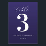 Elegant Purple Number Table Sign Tischnummer<br><div class="desc">This elegant wedding table card features a minimalist design with a deep purple background and crisp white text. The layout centers around a large, bold serif number "3, " complemented by cursive script for the word "table" at the top and clean sans-serif fonts for customizable names and date below. The...</div>