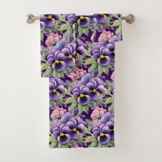 Elegant Purple Pansy Pansies Floral Towel Set (Insitu)