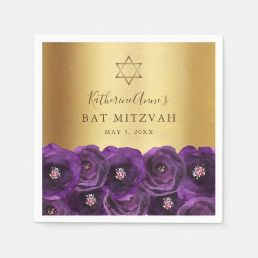 Elegant Purple Rose Floral Gold Bat Mitzvah Serviette (Vorderseite)