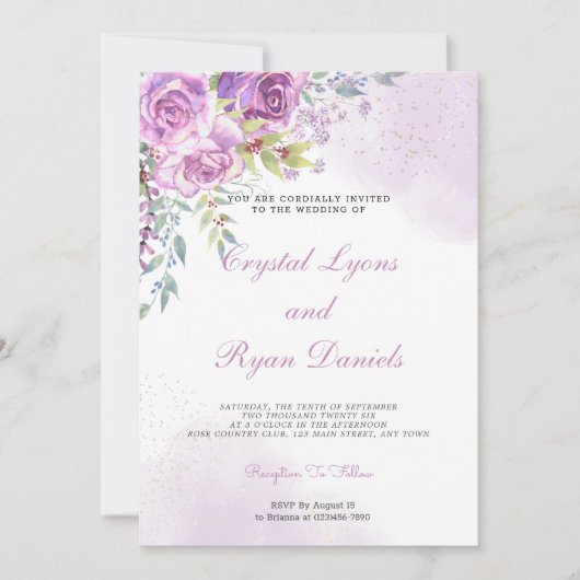 Elegant Purple Roses Wedding Invitation Einladung (Vorderseite)